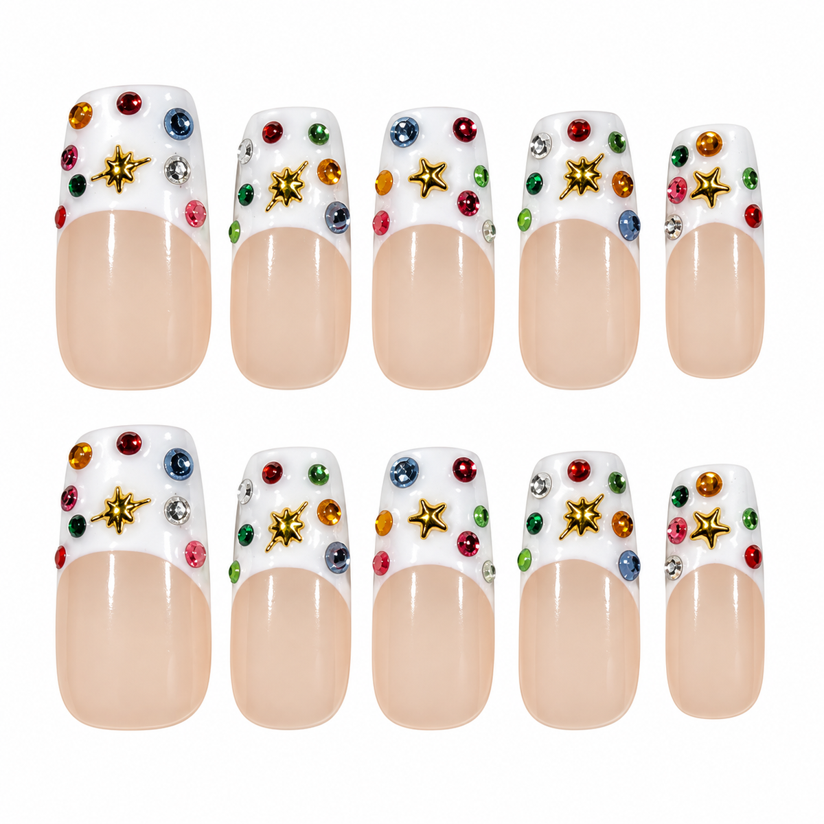 Confetti French medium square press-on nails with colourful gem accents and gold-tone stars on white French tips