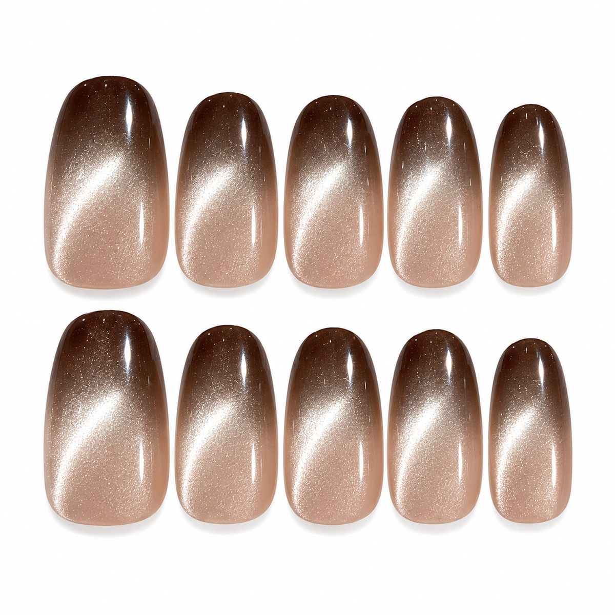 Cocoa Shadow mocha and silver cat-eye press-on nails showing a reflective finish
