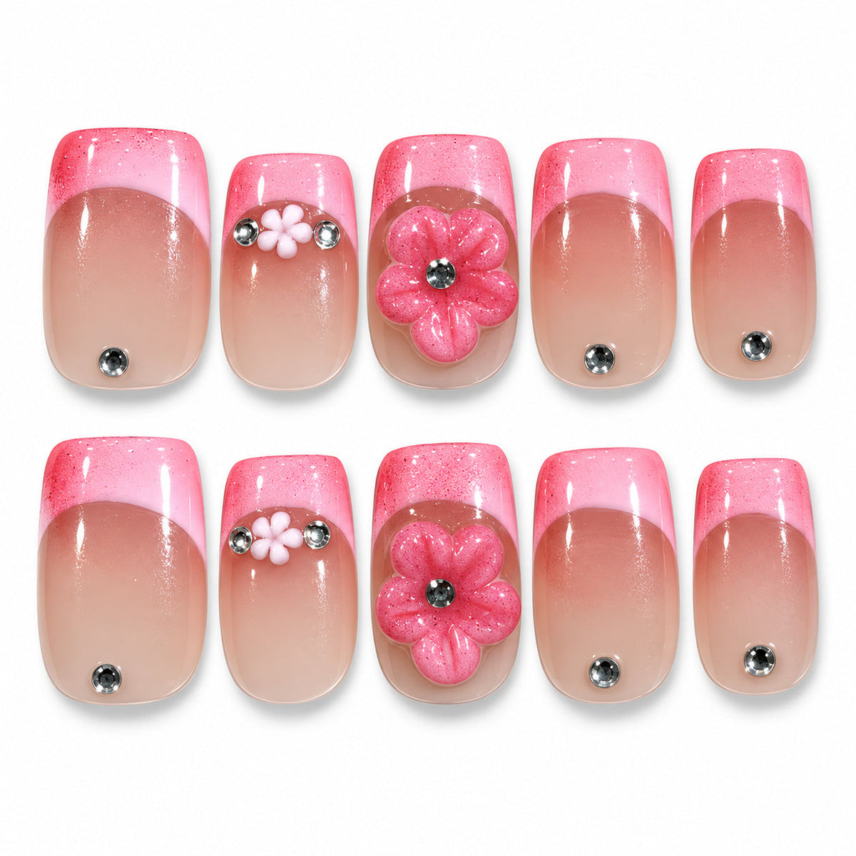 Handcrafted rose pink French tip 3D floral square press on nails as an alternative to acrylic nails