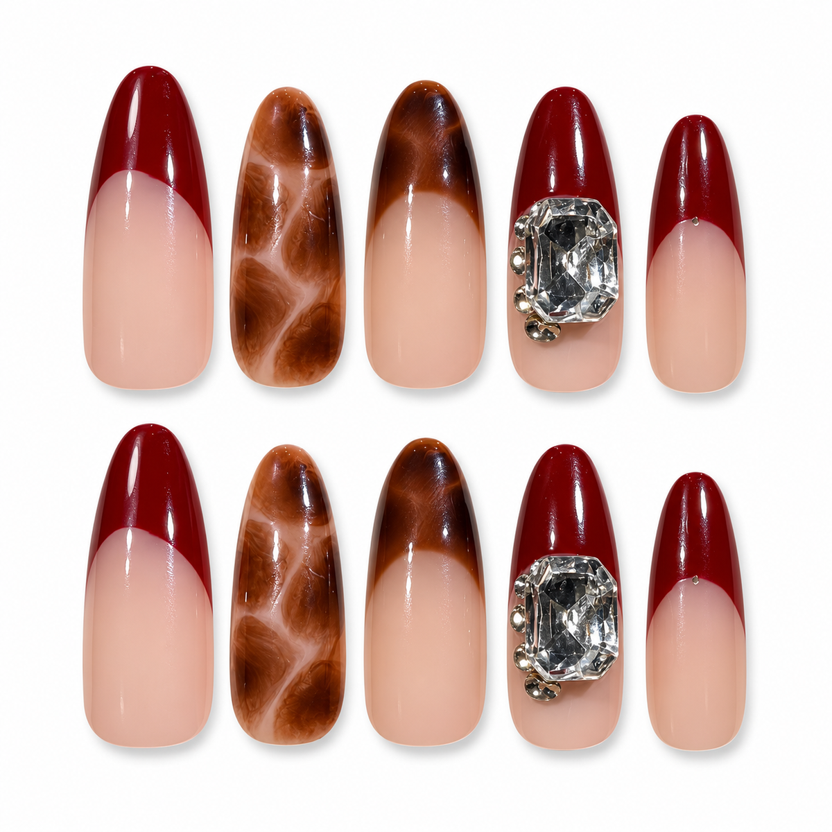 Wine Tortoise burgundy tortoiseshell fall French tip extra-long oval press on nails