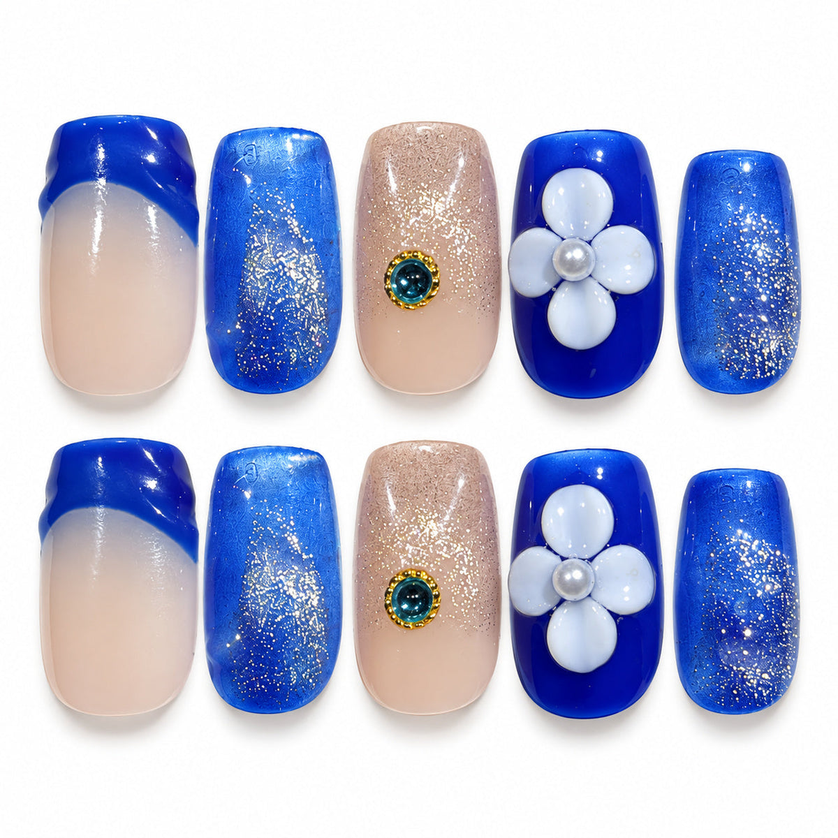 Cobalt Bloom blue square press-on nail set with raised white flowers and shimmering accents