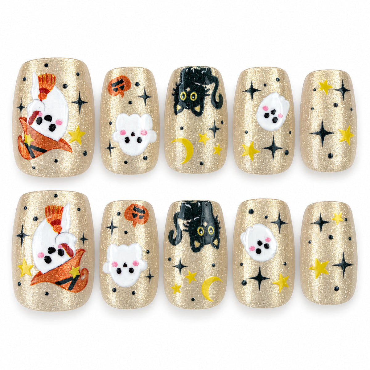 Spooky Confetti gold-toned ghost pumpkin and black cat short square Halloween press-on nails