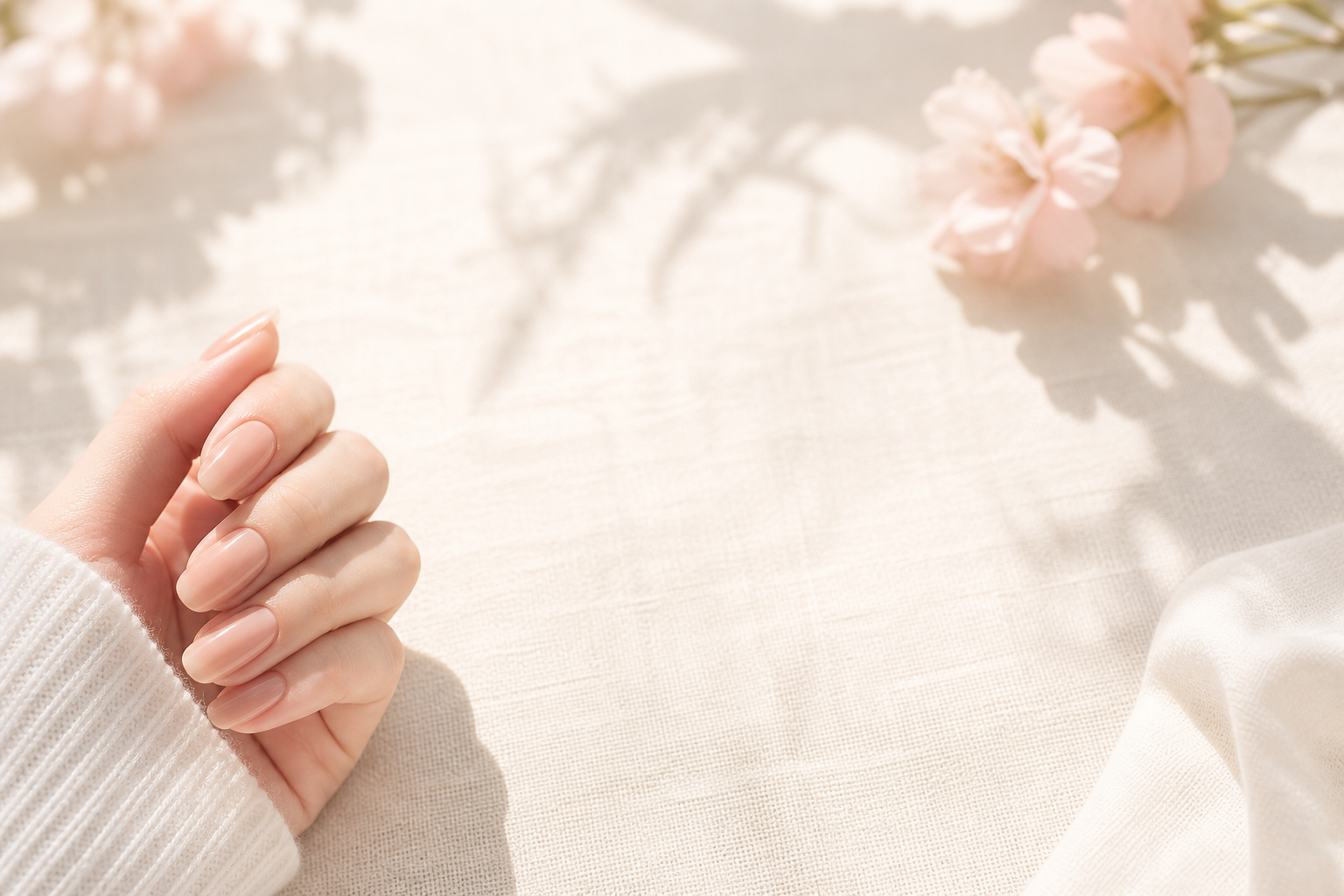 A hand with neatly manicured nude-colored nails rests on a light fabric surface, with soft pink flowers and gentle sunlight creating a calm, elegant atmosphere.