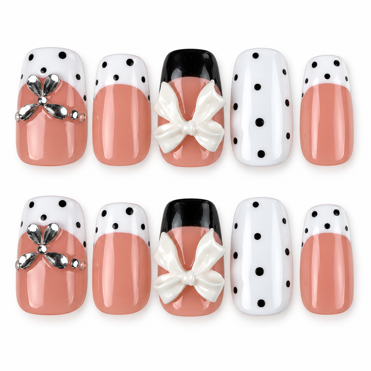 Polka Bow black and white polka dot bow square press-on nails