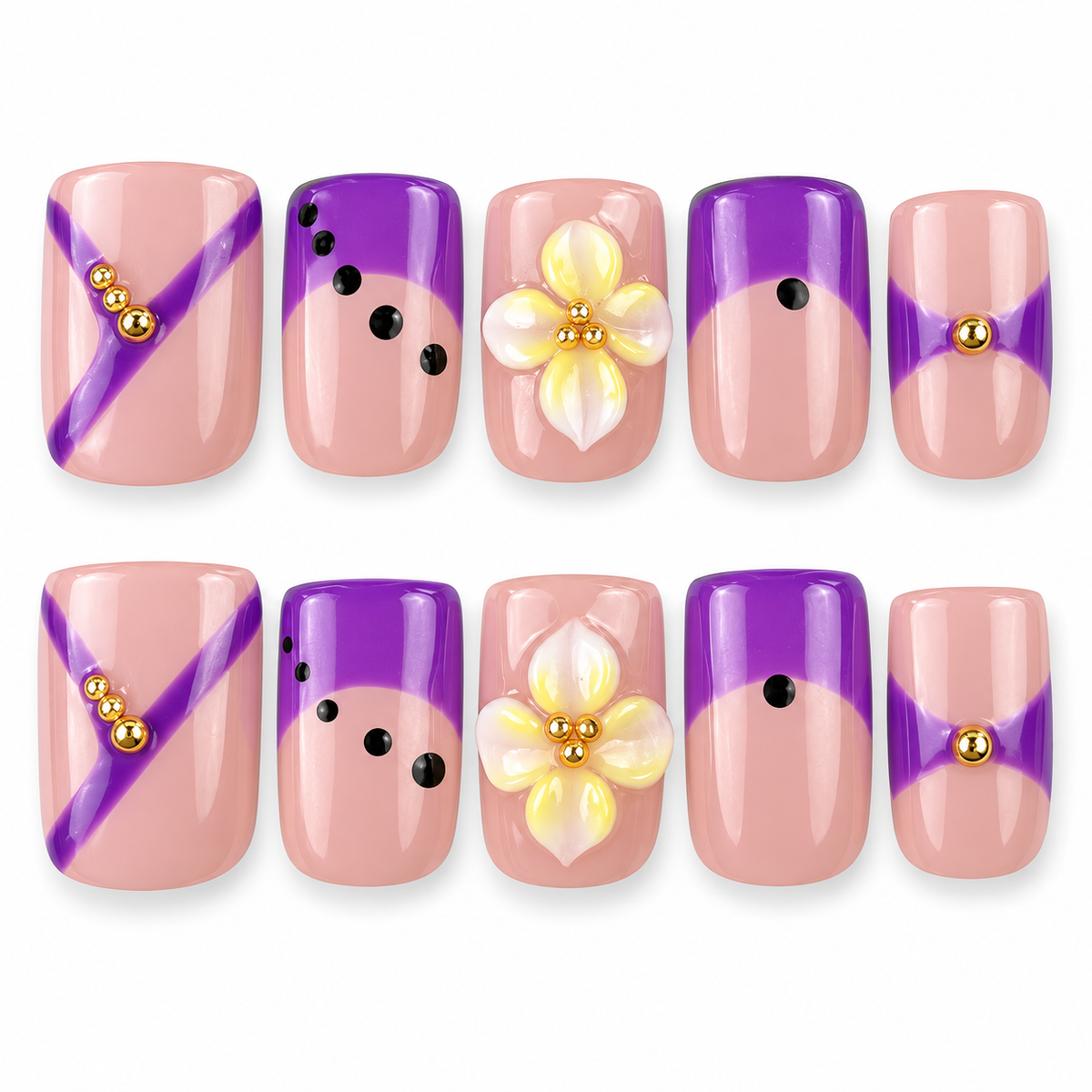 Violet Ribbon purple and yellow floral square press-on nails