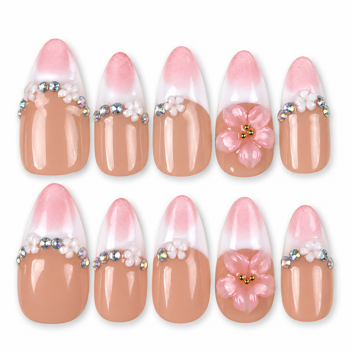 Blush Tiara pink French tip press-on nails with sparkle and floral accents