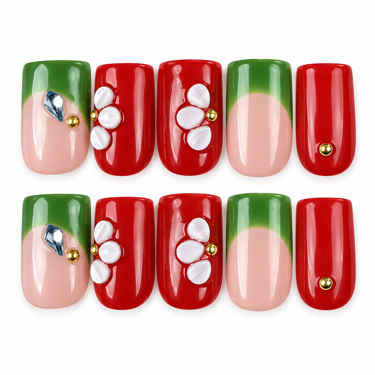 Garden Contrast red, green and white floral square press-on nails