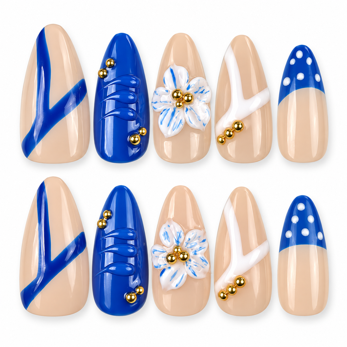 Cobalt Petal cobalt blue and nude floral almond press-on nails
