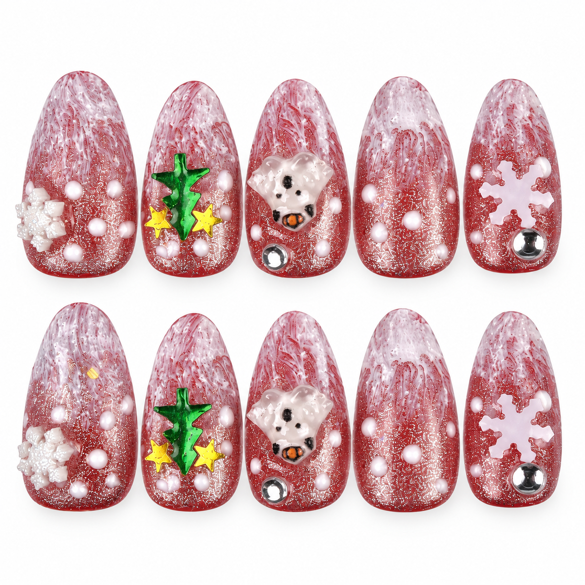Frosted Holiday rose glitter Christmas almond press-on nails with snowflakes