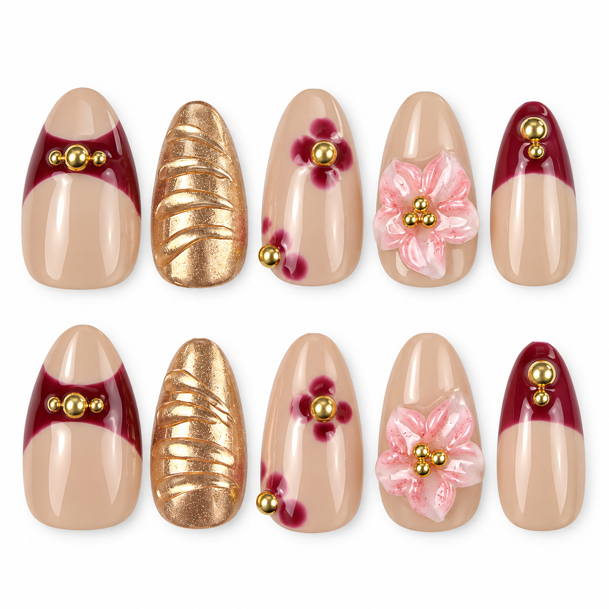 Amber Rose burgundy, gold-tone and pink floral almond press-on nails