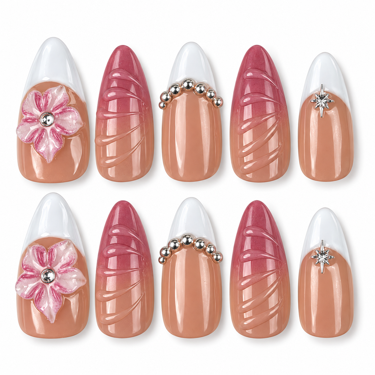 Rose Lattice pink French tip almond press-on nails with raised flowers
