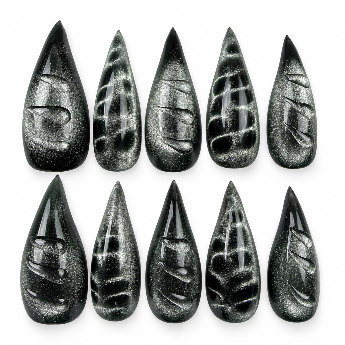 Chrome Shadow black and silver chrome stiletto press-on nails