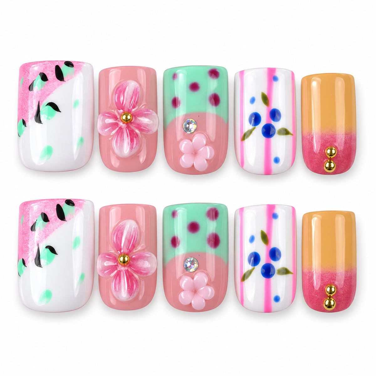 Pastel Flower Mix pink, mint and blue floral square press-on nails