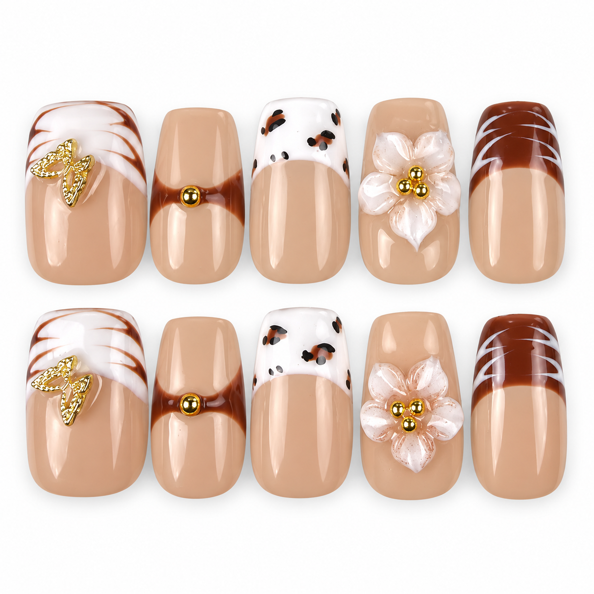 Caramel Bouquet brown, white and nude floral square press-on nails
