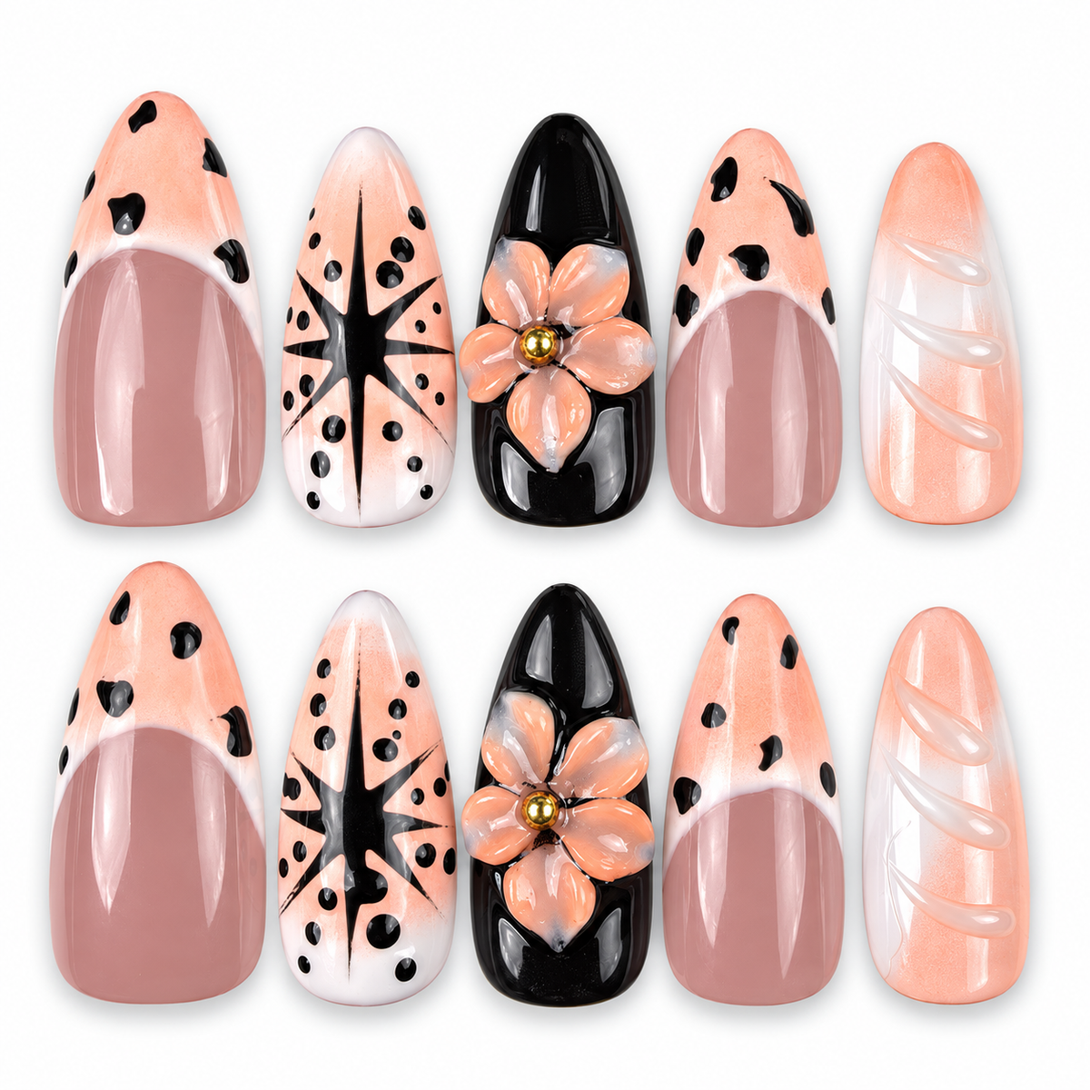 Peach Graphic Bloom peach and black floral almond press-on nails