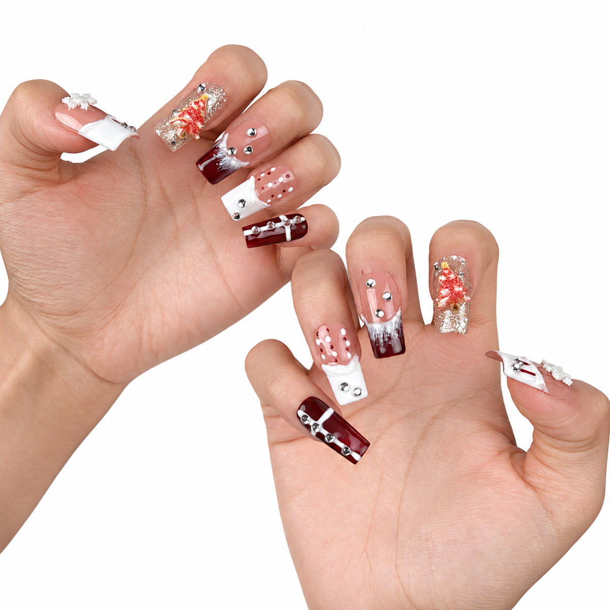 Detail shot of Winter Rose burgundy glitter and white snowflake Christmas square press-on nails on hand