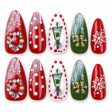 Festive Garland | Red Green & White Christmas Almond Press-On Nails