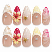 Pink 3D floral seashell medium almond press-on nails with pearls and gold starfish