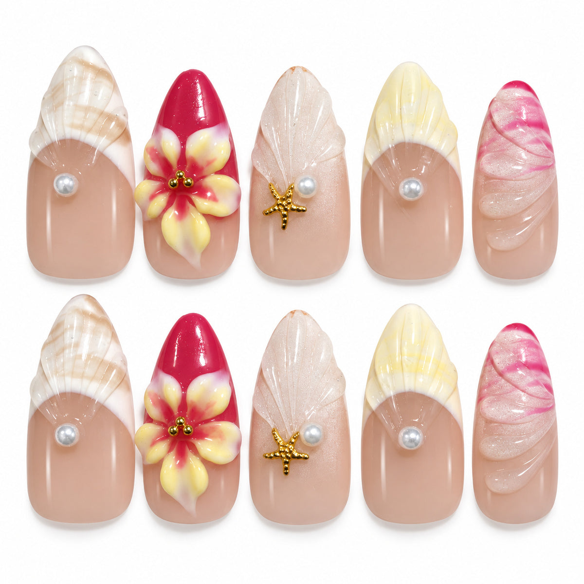 Pink 3D floral seashell medium almond press-on nails with pearls and gold starfish