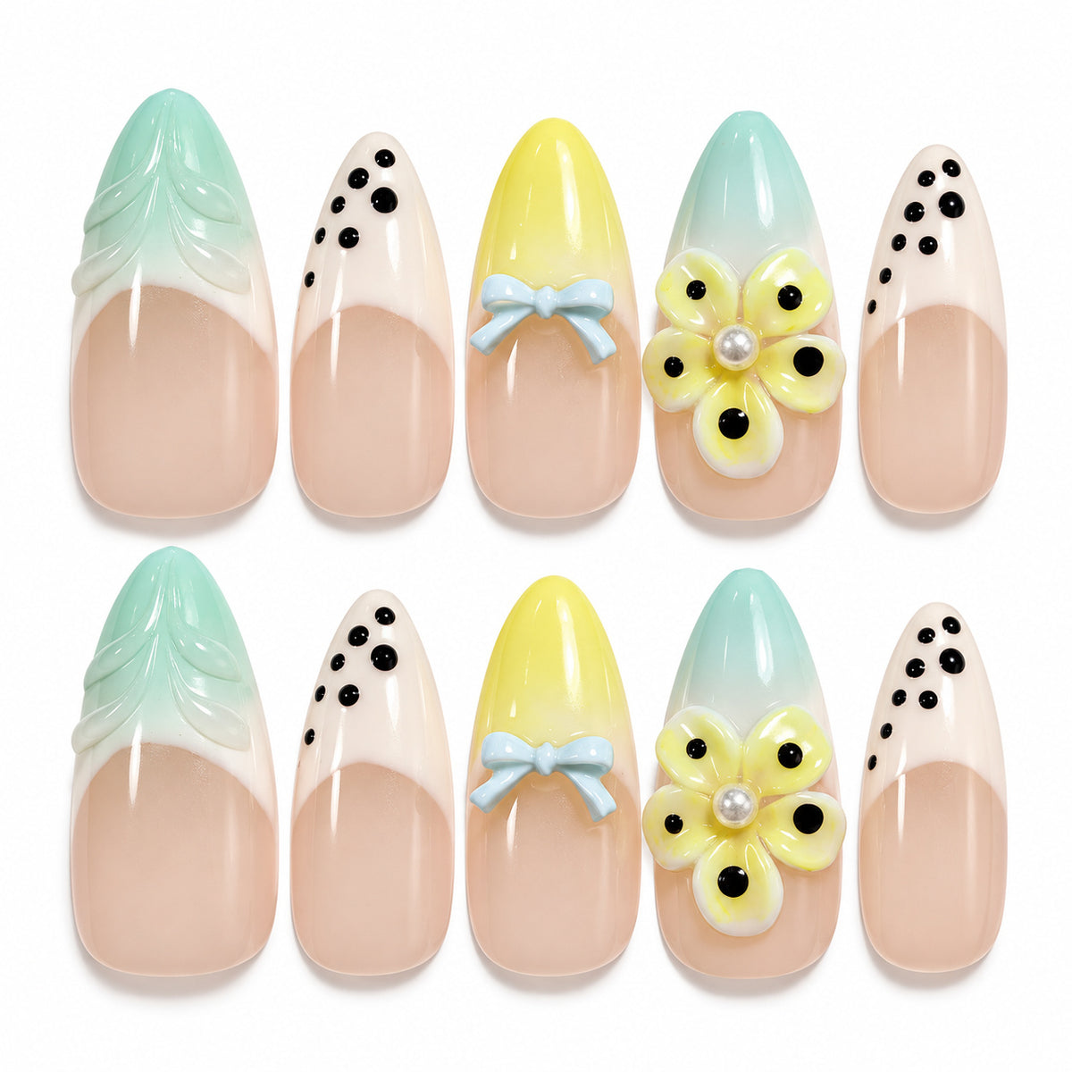 Mint, butter yellow and white pastel floral French tip almond press-on nails