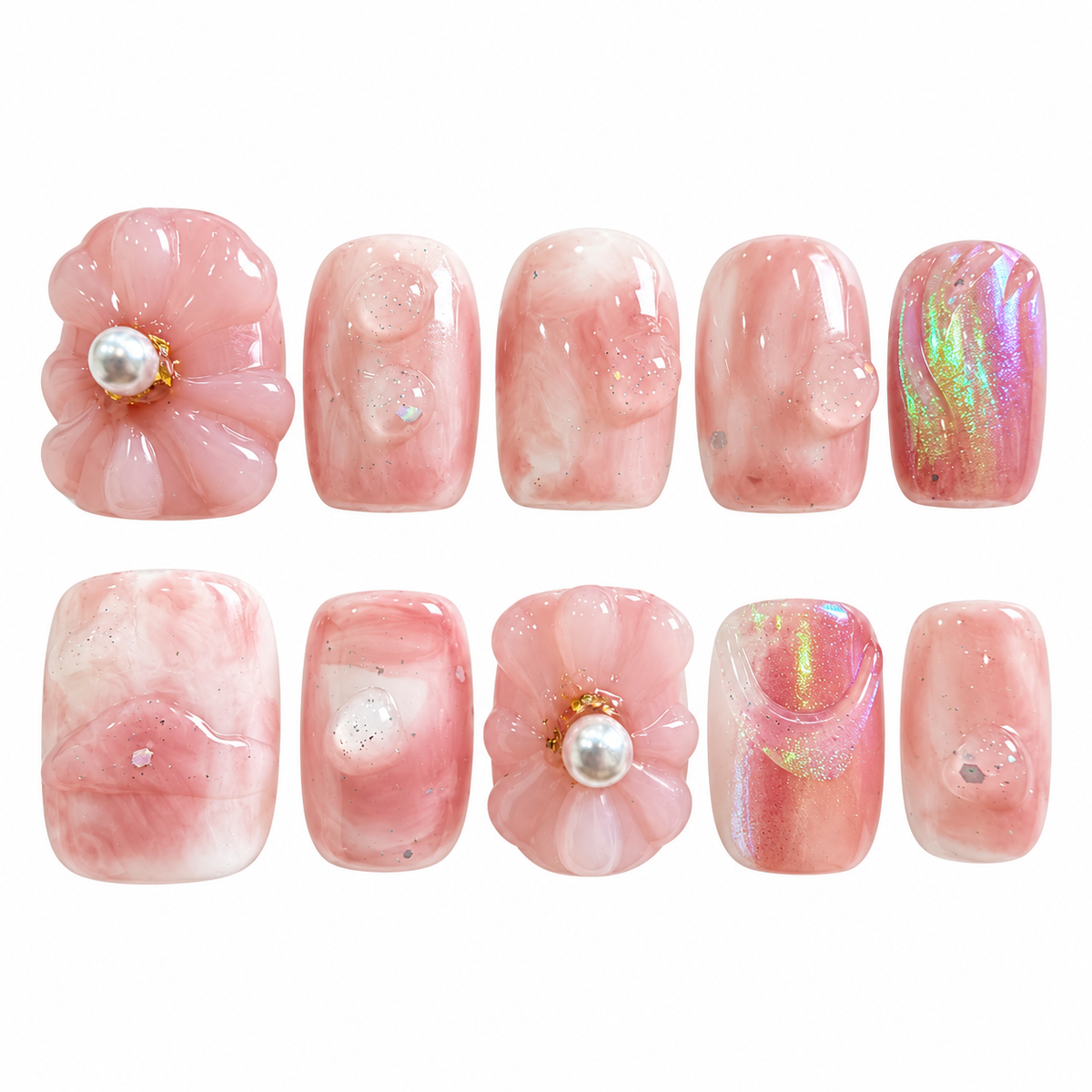 Blush pink jelly 3D floral pearl short square press-on nails