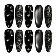 Midnight Shimmer black and silver cat eye crystal medium oval press-on nails