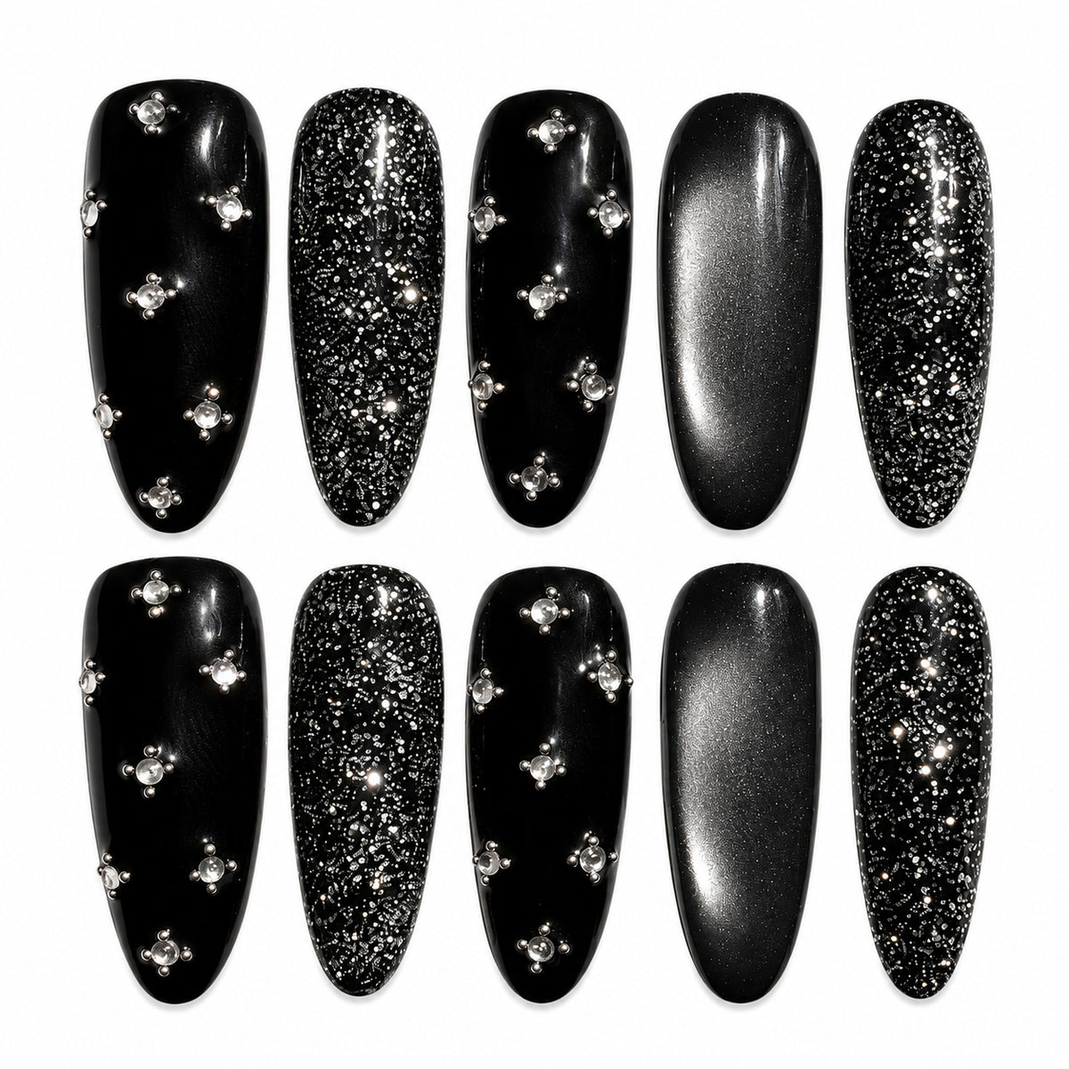Midnight Shimmer black and silver cat eye crystal medium oval press-on nails