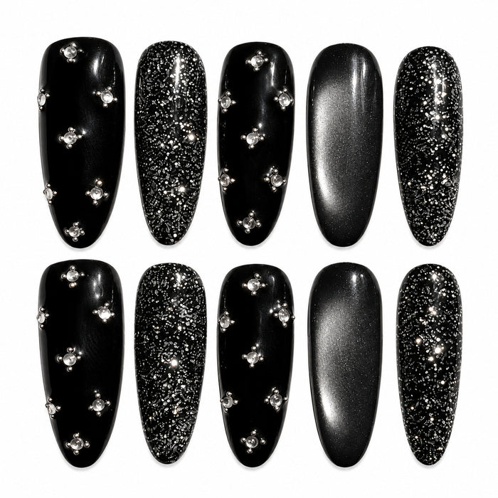 Midnight Shimmer – Black Silver Cat Eye & Crystal Medium Oval Press-On Nails