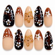 Cherry Noir espresso brown and caramel floral almond press-on nails