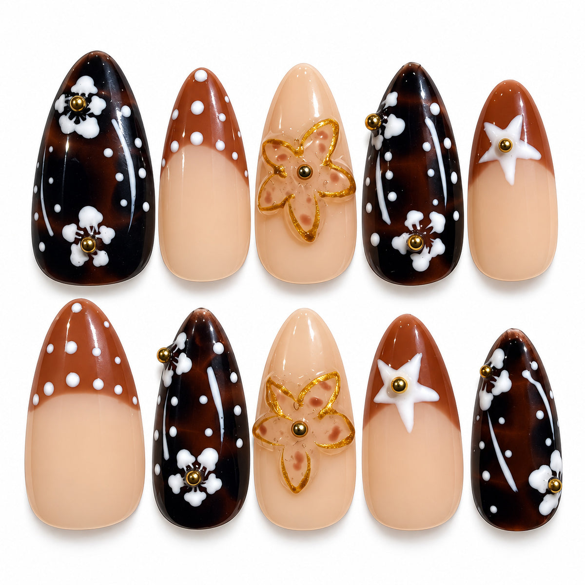 Cherry Noir espresso brown and caramel floral almond press-on nails