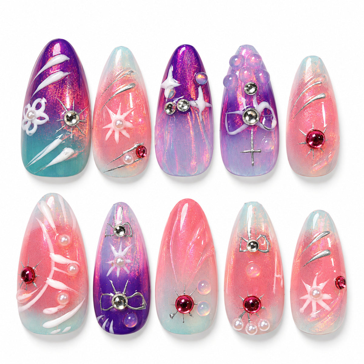 Aurora Ribbon pink, violet and icy blue celestial chrome press-on nails