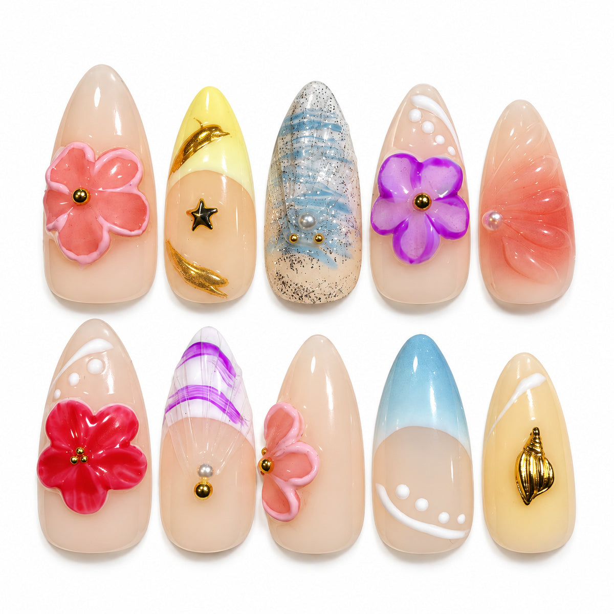 Aqua Bloom iridescent pastel floral long almond press-on nails