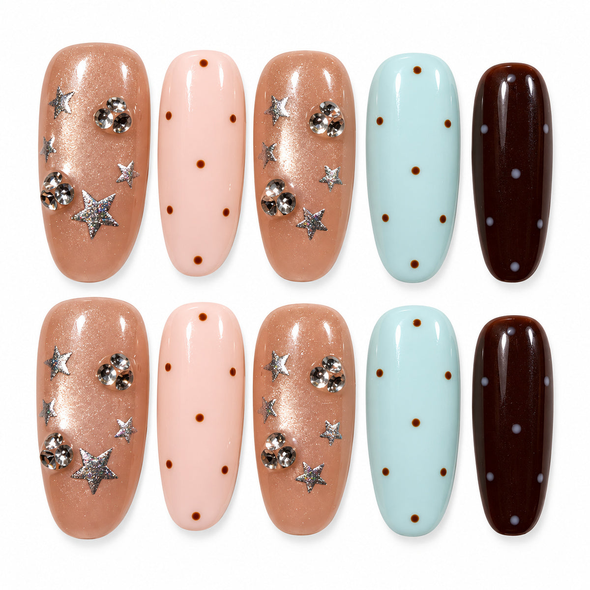 Pastel Galaxy pastel blue, pink and chocolate brown star medium oval press-on nails