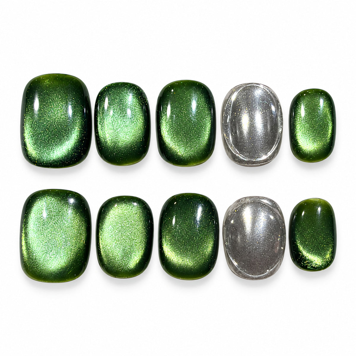 Emerald Mirror green cat eye and silver chrome short squoval press-on nails