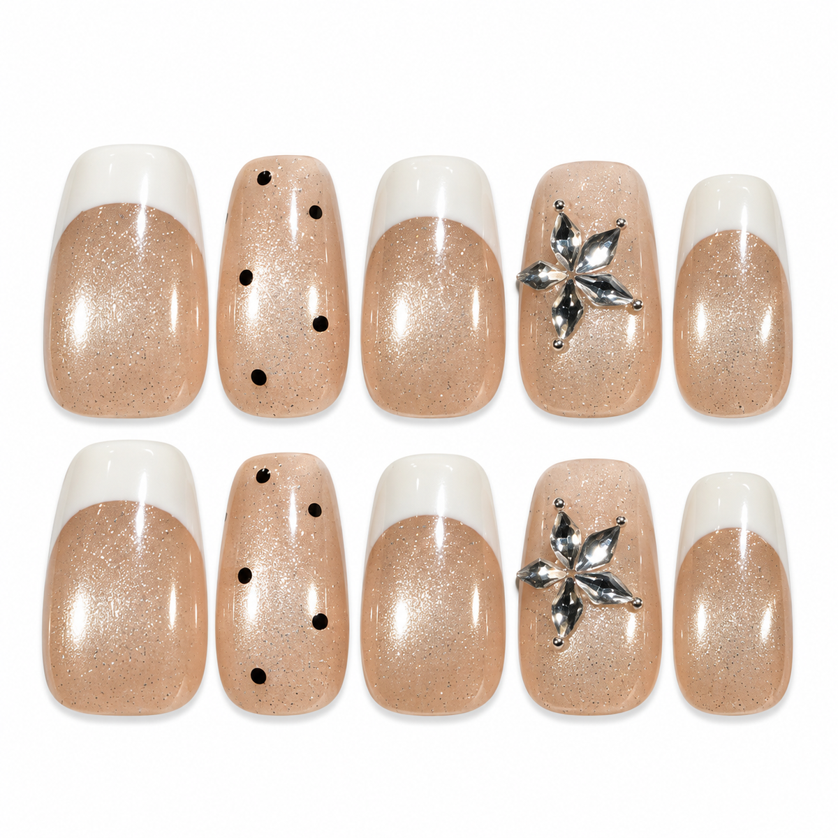 Pearl white French tip silver cat eye square press-on nails with floral accents