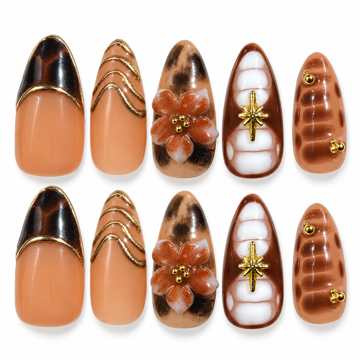 Amber tortoiseshell floral French tip almond press-on nails with gold details
