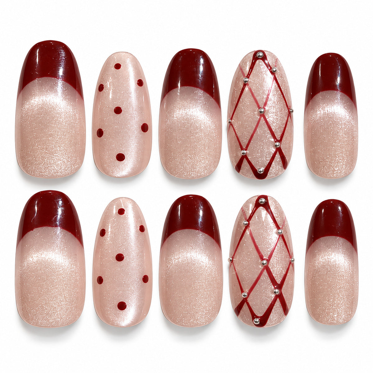 Merlot Lattice burgundy French tip medium oval press-on nails with a crystal accent