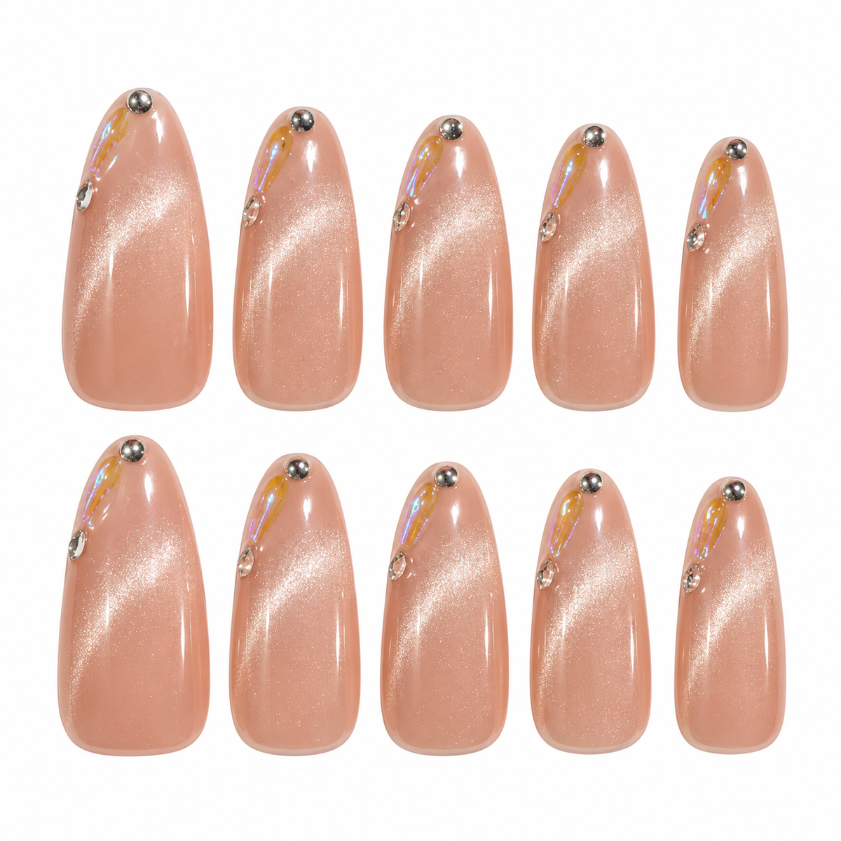 Nectar Prism blush pink cat eye crystal extra-long almond press-on nails