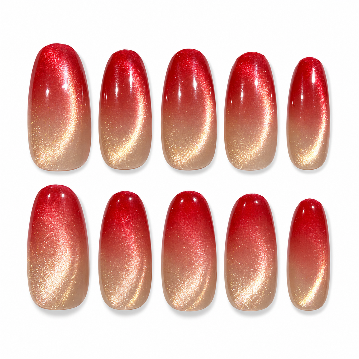 Ruby Fade red ombre golden cat eye press-on nails