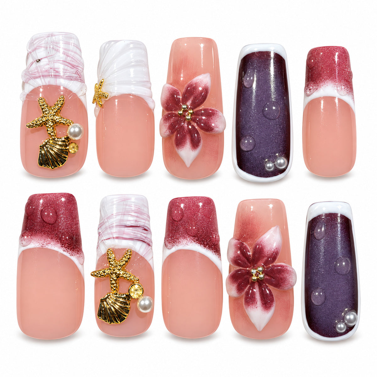 Rose Tide pink, plum and pearl white 3D floral long square press-on nails