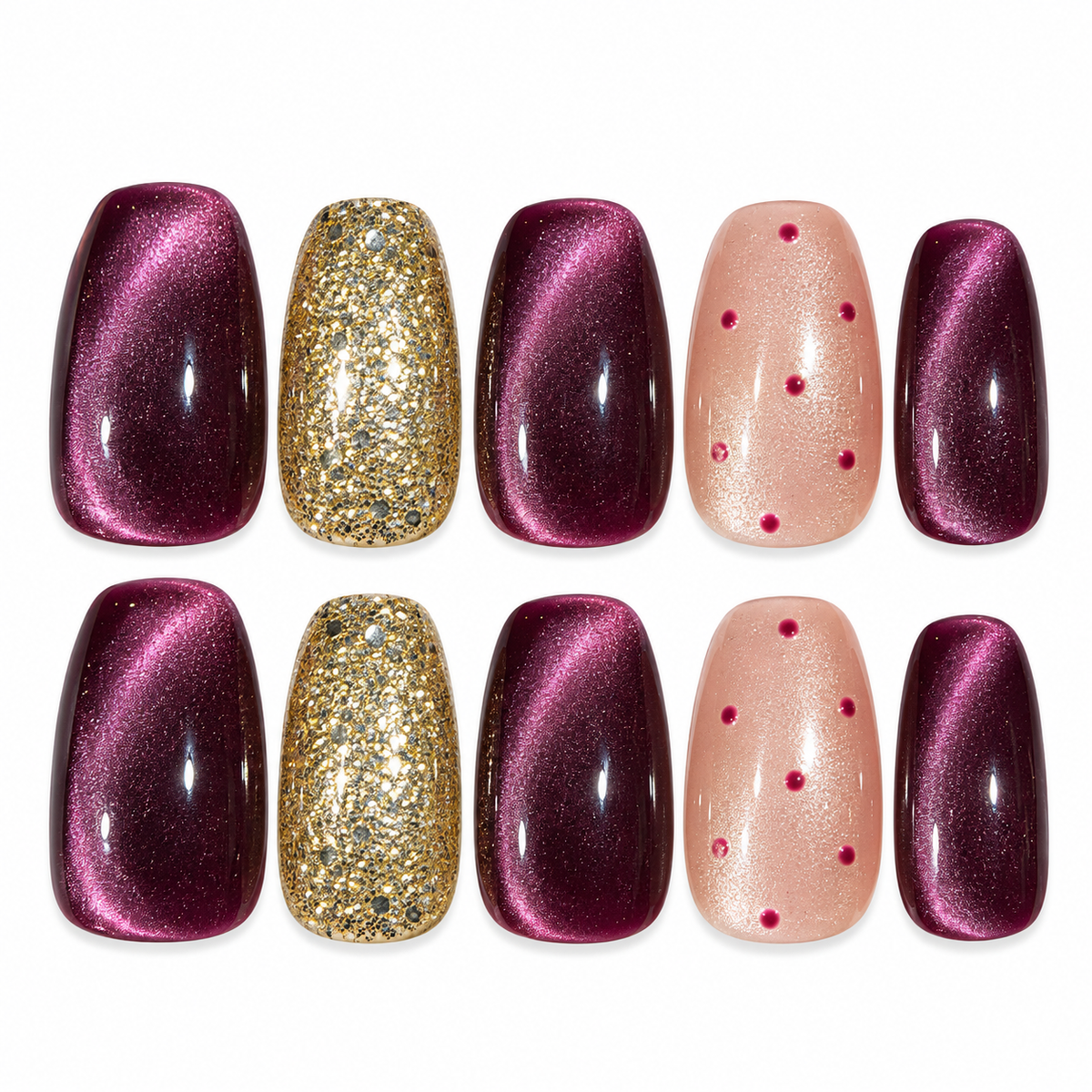 Burgundy cat eye gold glitter medium square press-on nails