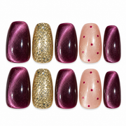 Burgundy cat eye gold glitter medium square press-on nails