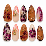 Autumn Petals amber, blush pink and wine red floral almond press-on nails