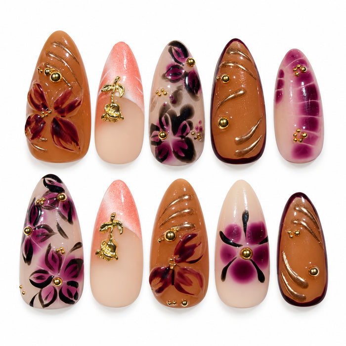 Handcrafted Autumn Petals Amber Floral Almond Press-On Nails