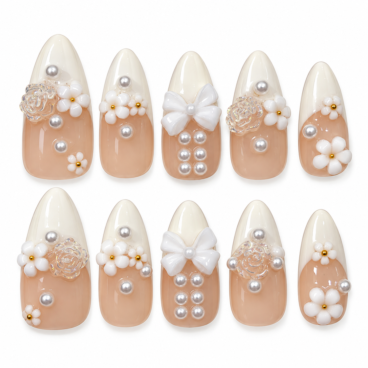 Pearl Bouquet white French tip floral pearl medium almond press-on nails with a bow