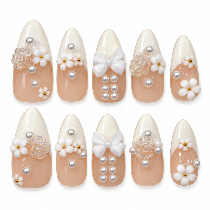 Pearl Bouquet | Handcrafted Floral Pearl Medium Almond Press-On Nails