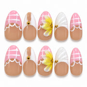 Buttercream Bloom pink, white and yellow 3D floral medium almond press-on nails