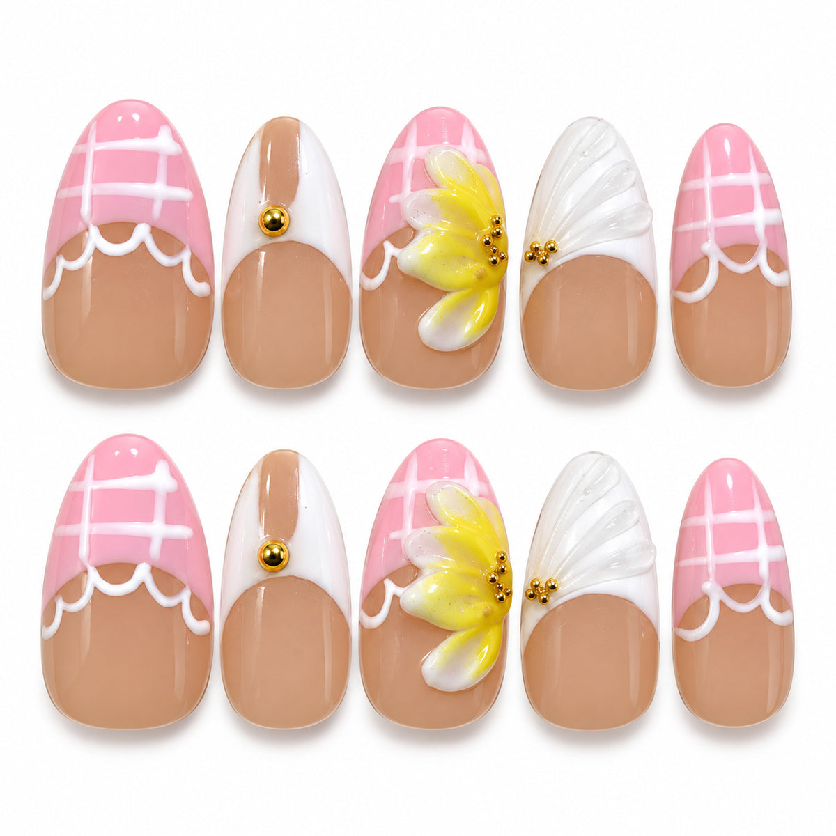 Buttercream Bloom pink, white and yellow 3D floral medium almond press-on nails