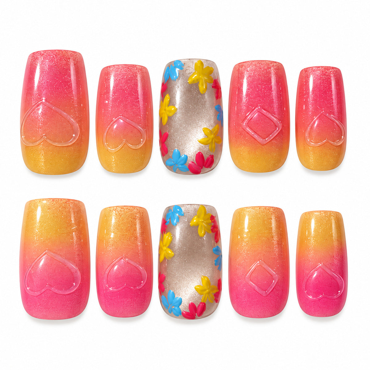 Sunset Pop pink and yellow ombre floral medium square press-on nails