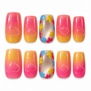 Sunset Pop pink and yellow ombre floral medium square press-on nails
